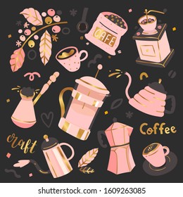 Coffee shop utensils and tools, set of pastel color vector illustrations with gold foil. Collection of modern simple hand drawn clip arts with lettering, alternative methods of brewing coffee.