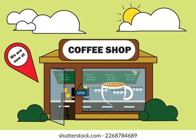 Coffee shop vector art with mini bar, flat paint. Editable vector, add your location or landmark at location pin. 