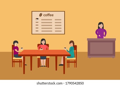 Concepto vectorial de cafetería: grupo de mujeres paseando por la cafetería y charlando alegremente