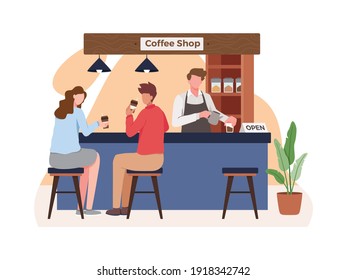 Coffee shop vector concept. Small business and self-employment concept, Barista makes coffee. Drinking coffee and talking. Illustration of Coffee shop owner, People in cozy cafe. Vector in flat style