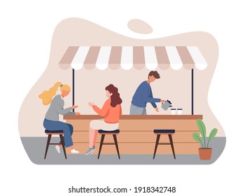 Coffee shop vector concept. Small business and self-employment concept, Barista makes coffee. Drinking coffee and talking. Illustration of Coffee shop owner, People in cozy cafe. Vector in flat style