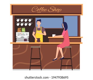 Coffee shop vector concept. Small business and self-employment concept, Barista makes coffee. Drinking coffee and talking. Illustration of Coffee shop owner, People in cozy cafe. Vector in flat style