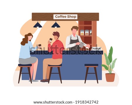 Coffee shop vector concept. Small business and self-employment concept, Barista makes coffee. Drinking coffee and talking. Illustration of Coffee shop owner, People in cozy cafe. Vector in flat style