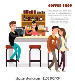 Coffee shop vector concept with take away coffee, barista and couple in love isolated on white background illustration