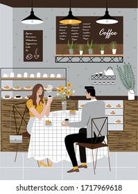 In a coffee shop. Vector cute, romantic illustration, with a guy and a girl on a date, for cards, print, book, booklet, magazine, business.