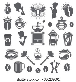Coffee Shop Vector Design Elements. Coffee Cup Silhouette Isolated On White Background. Vector object for Labels, Badges, Logos Design. Coffee Logo, Tea Logo, Coffee Silhouette, Bean Icon, Cup Icon
