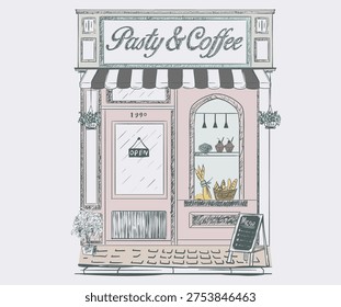 Coffee and coffee shop vector design. New York food club. Street cafe graphic print design for t shirt, apparel, posters, background and others.