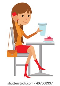 Coffee shop vector flat illustration of young woman drinking beverage at the table. Drawing isolated on white background.