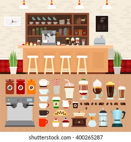 Coffee shop vector flat illustrations. Coffee bar interior with cakes, coffee machines and cooking utensils on the shelves. Rest and snack concept. Different kinds of coffee and equipment isolated