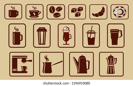 Coffee shop vector icon set, flat design, coffee pots, cups and coffee machine.