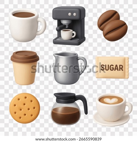 Coffee Shop Vector Icon Set | 3D icon set | mug, espresso machine, beans, takeaway cup, milk pitcher, sugar packet, biscuit, coffee pot, latte art.