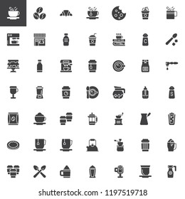 Coffee shop vector icons set, modern solid symbol collection, filled style pictogram pack. Signs, logo illustration. Set includes icons as Coffee cup, Croissant, Coffee machine, Milkshake, Grinder