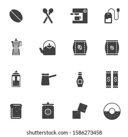 Coffee shop vector icons set, modern solid symbol collection, filled style pictogram pack. Signs logo illustration. Set includes icons as coffee maker machine, roasted bean, french press, sugar, cezve