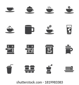 Coffee shop vector icons set, modern solid symbol collection, filled style pictogram pack. Signs, logo illustration. Set includes icons as french press, coffee machine, tea cup, cold water glass, cake
