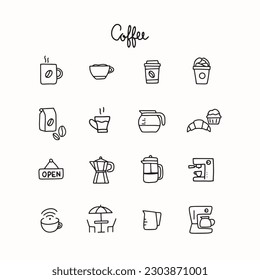 Coffee shop vector icons set cafe equipment vectorial pictogram collection coffee beans sign minimalist simple illustration hand drawn icon graphic design menu elements mug espresso isolated line cup