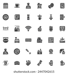 Coffee shop vector icons set, modern solid symbol collection, filled style pictogram pack. Signs, logo illustration. Set includes icons as Barista, Latte Art, Takeaway Cup Delivery, Espresso Machine