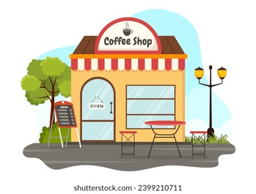 Coffee Shop Vector Illustration with Interior and Furniture Suitable for Poster or Advertisement in Flat Cartoon Background Design