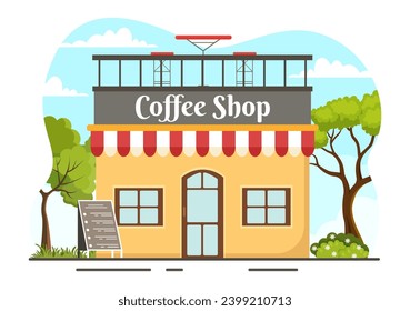 Coffee Shop Vector Illustration with Interior and Furniture Suitable for Poster or Advertisement in Flat Cartoon Background Design