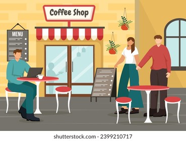 Coffee Shop Vector Illustration with Interior and Furniture Suitable for Poster or Advertisement in Flat Cartoon Background Design