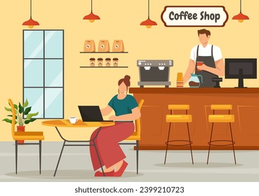 Coffee Shop Vector Illustration with Interior and Furniture Suitable for Poster or Advertisement in Flat Cartoon Background Design