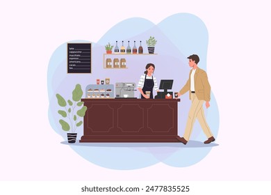 Coffee shop vector illustration. Modern cafe interior. Man buying takeaway coffee, female barista preparing it. Cafe, barista job, coffee break concept