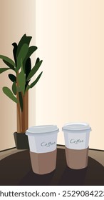 Ilustração de vetor de café. Duas xícaras de café de papel takeaway na mesa de café e árvore Dracaena Fragrans no fundo. O neon amarelo sinaliza que a vida está agora na parede.	