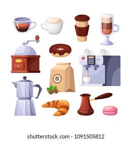 Coffee shop vector isolated icons. Espresso, cappuccino cup, sweet desserts, coffee machine cartoon illustration. Cafe or restaurant breakfast menu design elements.
