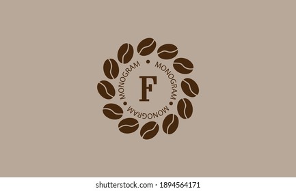 Coffee shop, vector logo on a light brown background. Creative vector sign, illustration of emblem with letter F. Minimalistic monogram on coffee background.
