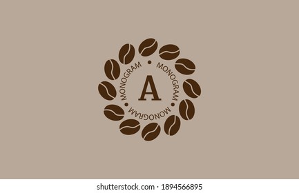 Coffee shop, vector logo on a light brown background. Creative vector sign, illustration of emblem with letter A. Minimalistic monogram on coffee background.