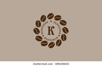 Coffee shop, vector logo on a light brown background. Creative vector sign, illustration of emblem with letter K. Minimalistic monogram on coffee background.