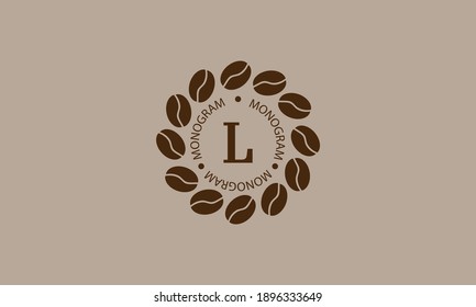 Cafetería, logotipo vectorial sobre fondo marrón claro. Signo vectorial creativo, ilustración del emblema con letra L. Monograma mínimo sobre fondo de café.