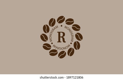 Coffee shop, vector logo on a light brown background. Creative vector sign, illustration of emblem with letter R. Minimalistic monogram on coffee background.