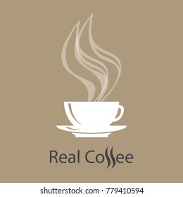 Coffee shop vector logo. White classic mug on saucer on light brown background. Steaming hot coffee drink