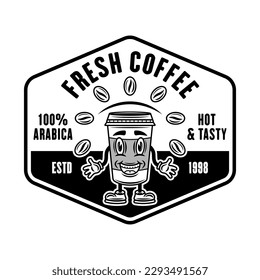 Emblema monocromático vectorial de café, placa, etiqueta o logotipo con taza de papel sonriente aislada sobre fondo blanco