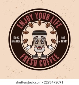 Coffee shop vector round colored emblem, badge, label or logo with smiling paper cup on light background