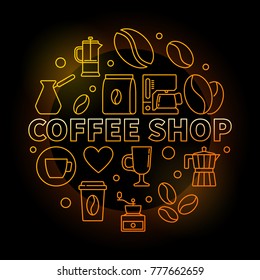 Coffee shop vector round golden illustration in thin line style on dark background