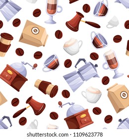 Coffee shop vector seamless white pattern. Cartoon flat illustration. Textile print background design elements.