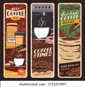 Coffee shop vector vintage banners, cafeteria and cafe menu. Coffee machine and cups of hot cappuccino, espresso and americano, latte and frappe with donut and macaron sweet desserts