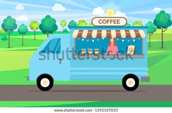 Coffee shop vector, woman working in store\
selling hot drinks, automobile in park with different kinds of\
beverage, business of lady, trees and\
greenery