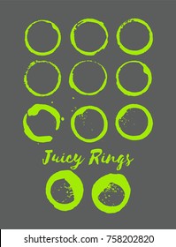 Coffee Shop or Veggie Store Logo Element. Round Border, Green Vintage Frame. Vector Cup or Mug Stains, Marks. Natural Products Cool Textured Banners, Buttons, Shop Logo or Ads Design, Stamp Elements.