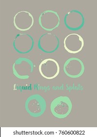 Coffee Shop or Veggie Store Logo Element. Round Border, Green Vintage Frame. Vector Cup or Mug Stains, Marks. Natural Products Cool Textured Banners, Buttons, Shop Logo or Ads Design, Stamp Elements.
