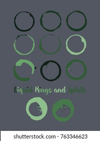 Coffee Shop or Veggie Store Logo Element. Round Border, Green Vintage Frame. Vector Cup or Mug Stains, Marks. Natural Products Cool Textured Banners, Buttons, Shop Logo or Ads Design, Stamp Elements.