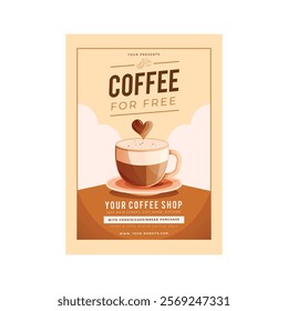  Coffee shop vertical print flyer or poster template design with coffee mug and beans illustration background