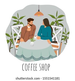 Coffee shop visitors. Flat vector concept illustration of a young couple, sitting at the table with coffee, lamps above surrounded by plants