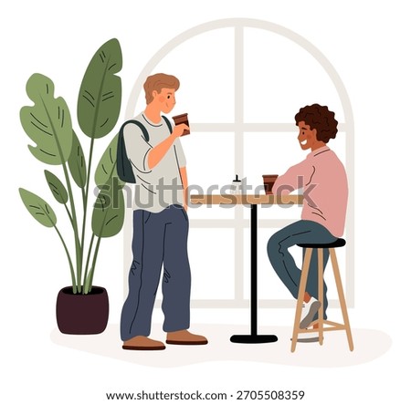 Coffee shop visitors. Restaurant customers. Happy people in cafe. Friends sitting at tables and chatting. Man and woman drink cappuccino. Barista clients. Coffeehouse interior. Garish vector concept
