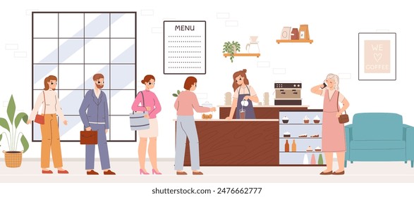 Coffee shop. Waiting line in cafe, barista doing latte for client. People in cafeteria before work wait and drink morning drink. Canteen vector scene