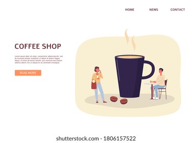 Coffee shop web banner mockup with modern people characters and giant mug of hot coffee drink, flat vector illustration. Landing page for cafe or store.
