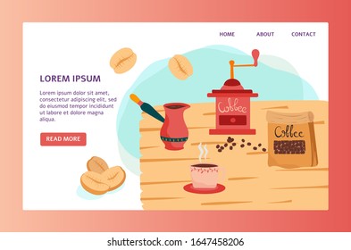 Coffee shop website design, cute old grinder and cup in flat style, vector illustration. Fresh hot coffee in cozy cafe, landing page template. Turkish cezve and beans, hand drawn cartoon style