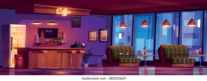 Café mit Holztheke, Hocker, Sofas und Tischen. Vektor-Cartoon-Inneneinrichtung von leerem Café mit Getränken im Kühlschrank, Regal mit Tassen, Kaschkasten und Menüboard. Kaffeebar am Abend