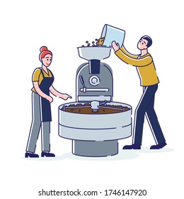 Coffee shop workers roasting fresh bean in roaster machine. Coffee production process. Cartoon man and woman barista working with industry equipment. Linear vector illustration